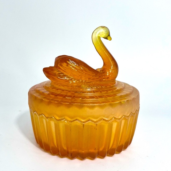 Jeanette Glass Marigold Dish Powder/Trinket Box with Swan Lipstick Holder - Picture 2 of 7